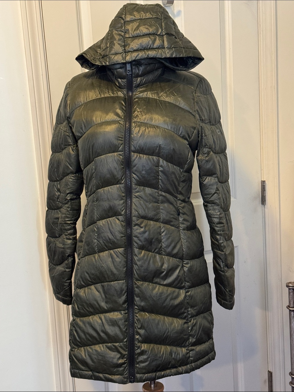 Calvin Klein Women's Long Hooded Packable Down Puffer Coat - Olive